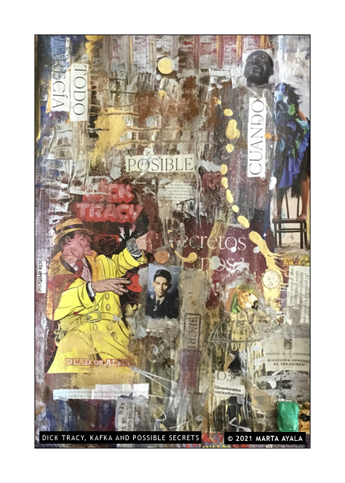 Dick Tracy, Kafka and Possible Secrets - Multi Media Collage on Burlap